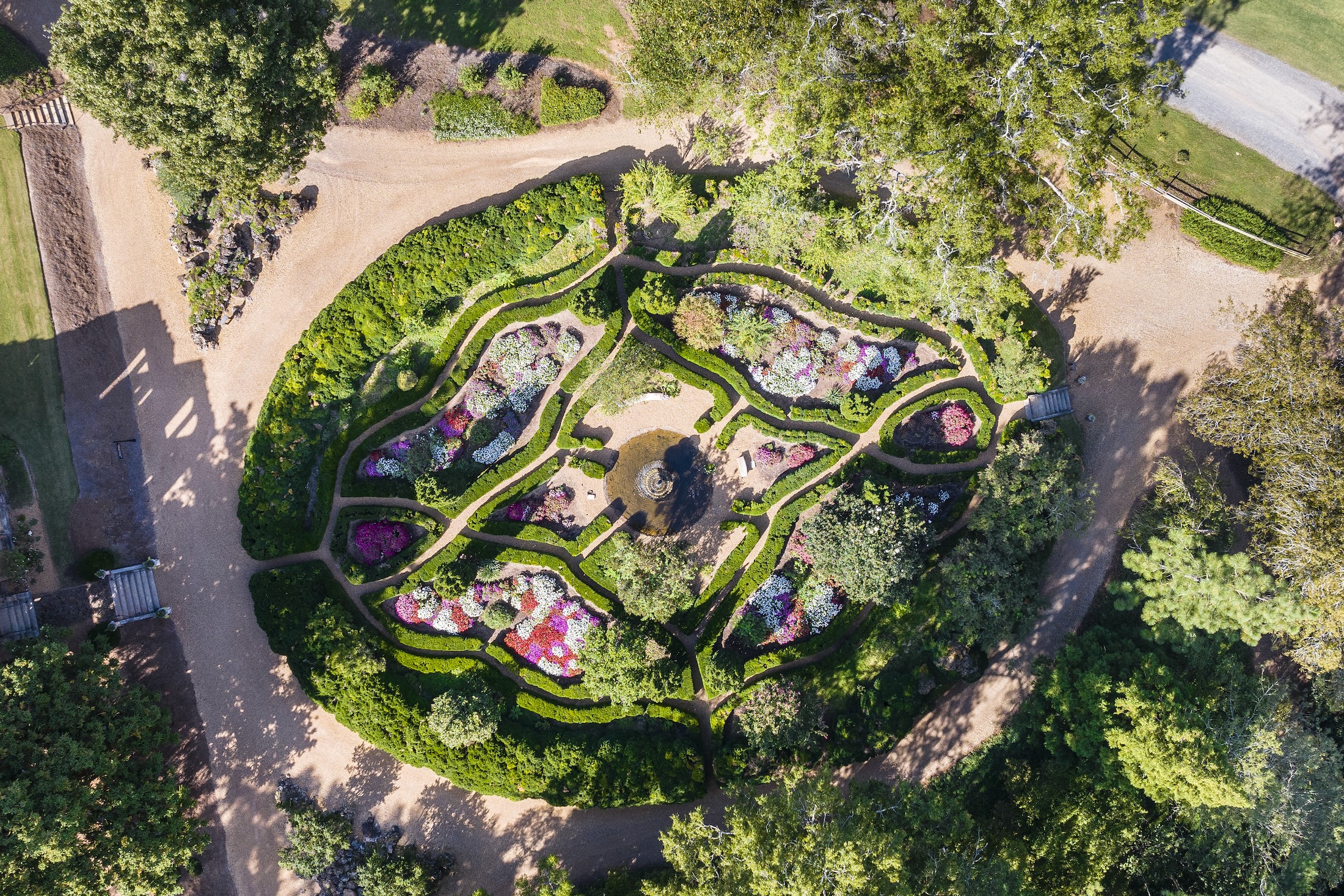 An aerial view of gardens at Barnsley Resort.