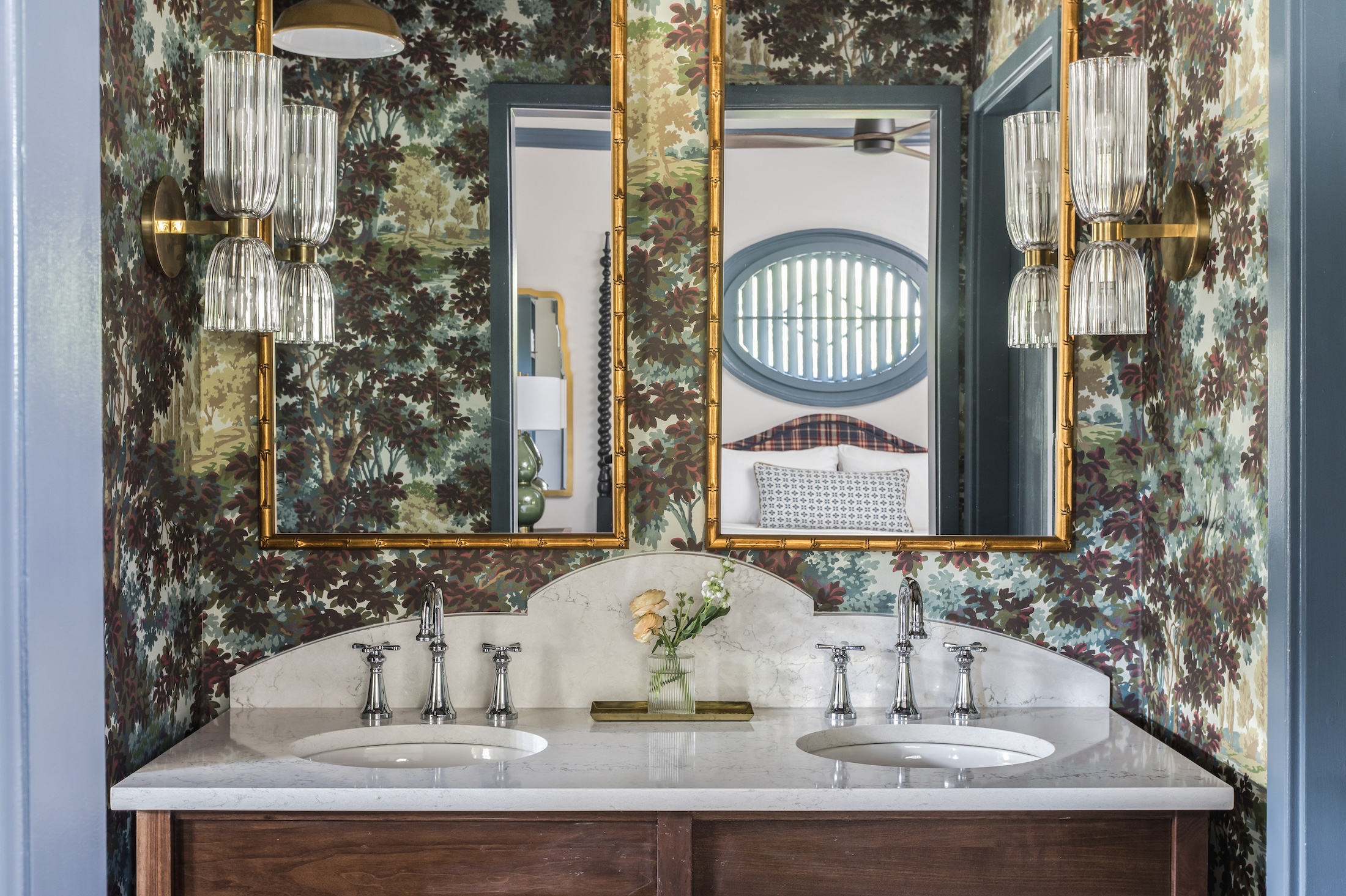 Two sinks and mirrors in the bathroom of Cottage Suites at Barnsley Resort.