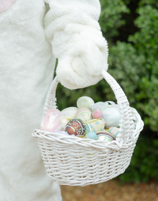 easter bunny holding basket of easter eggs