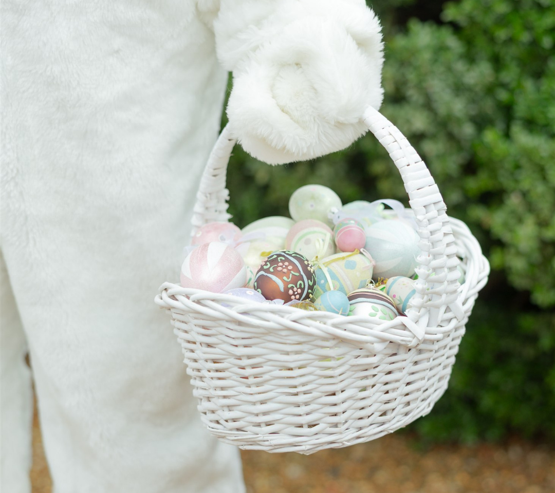 easter bunny holding basket of easter eggs