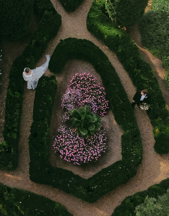 Barnsley Resort Wedding, aerial of couple in garden