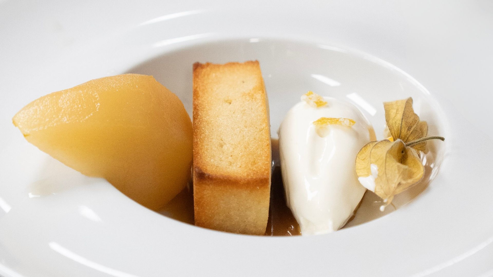 plated dish of dessert pear and gelato