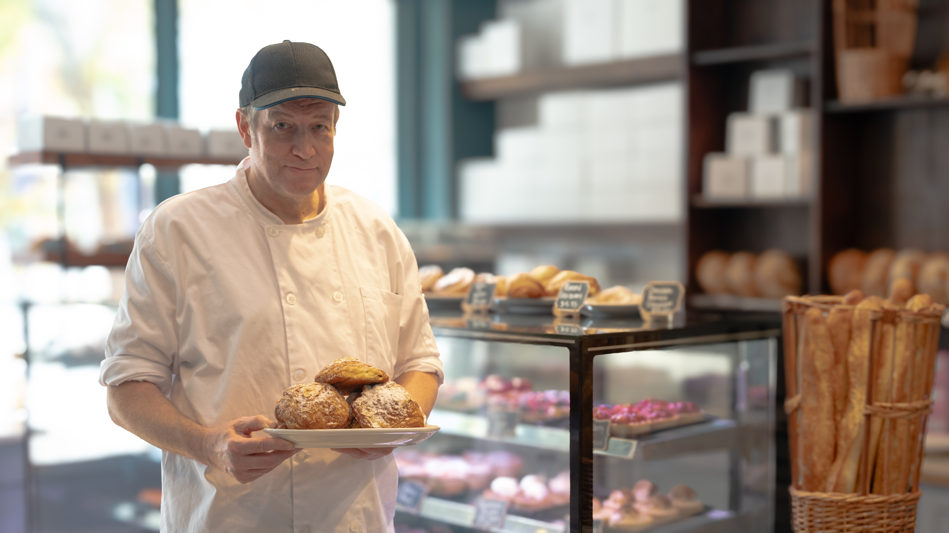 man in white coat holding a plate of pastries