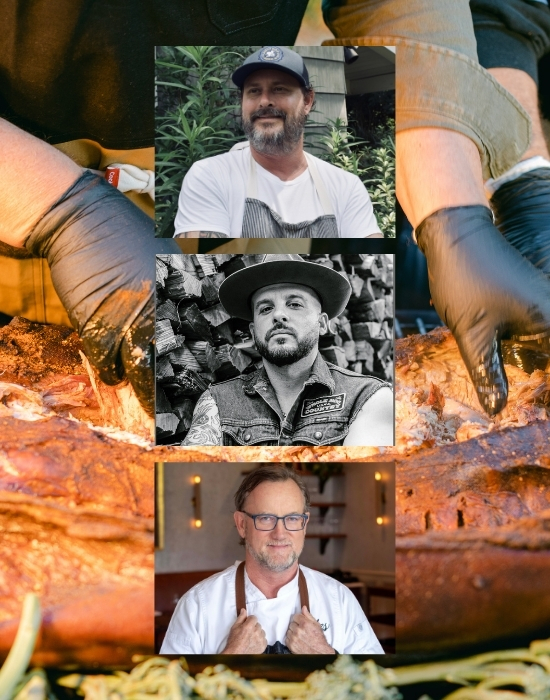 three chefs and the background image of a smoked pig