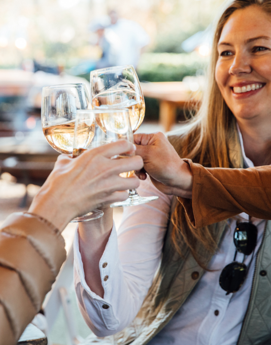 three hands holding wine, toasting. Woman smiling in background