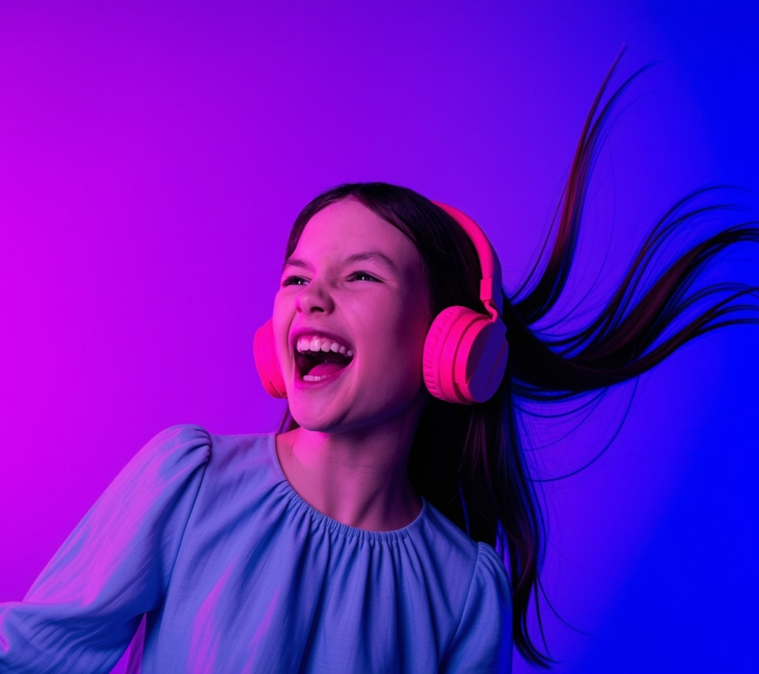 a young girl smiling, wearing headphones