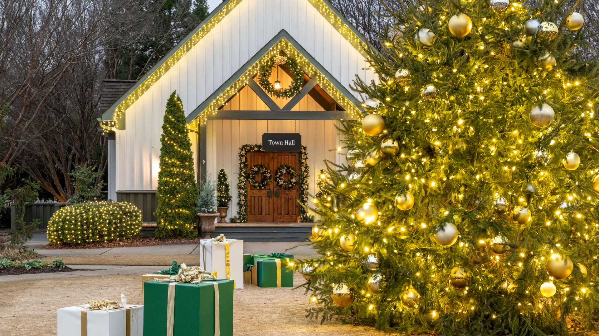 a Christmas tree and building with lights