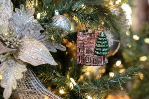 a 3D ornament hanging in a tree