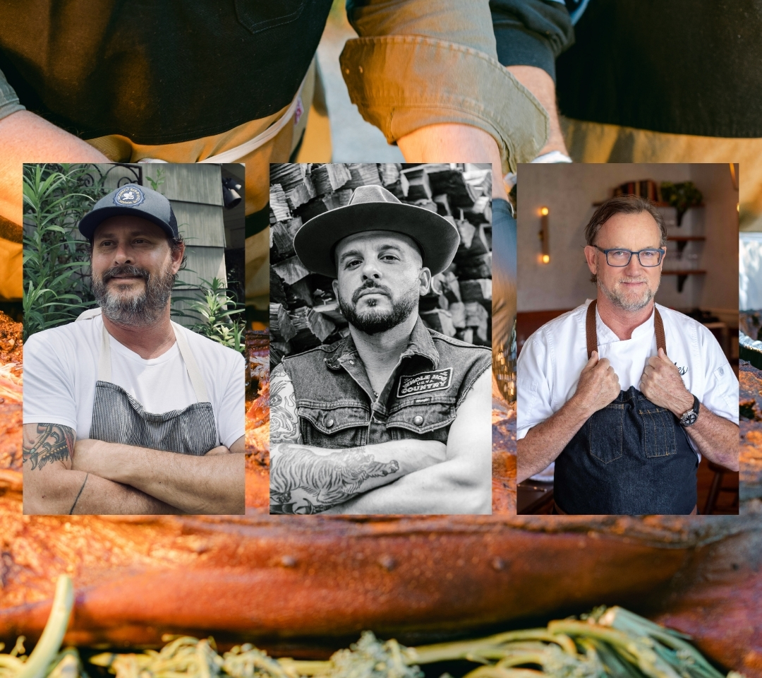 three chefs and the background image of a smoked pig