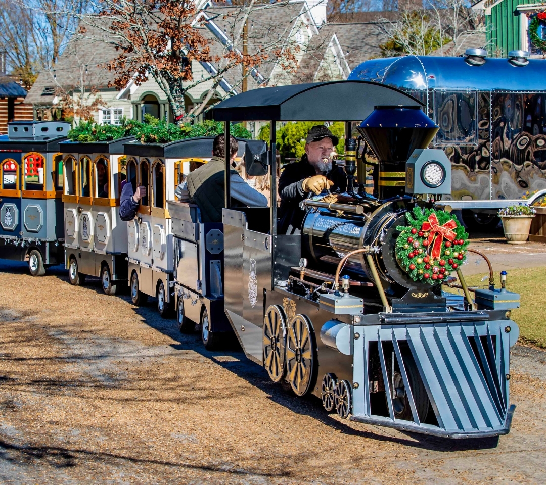 a man in a train with holiday decor